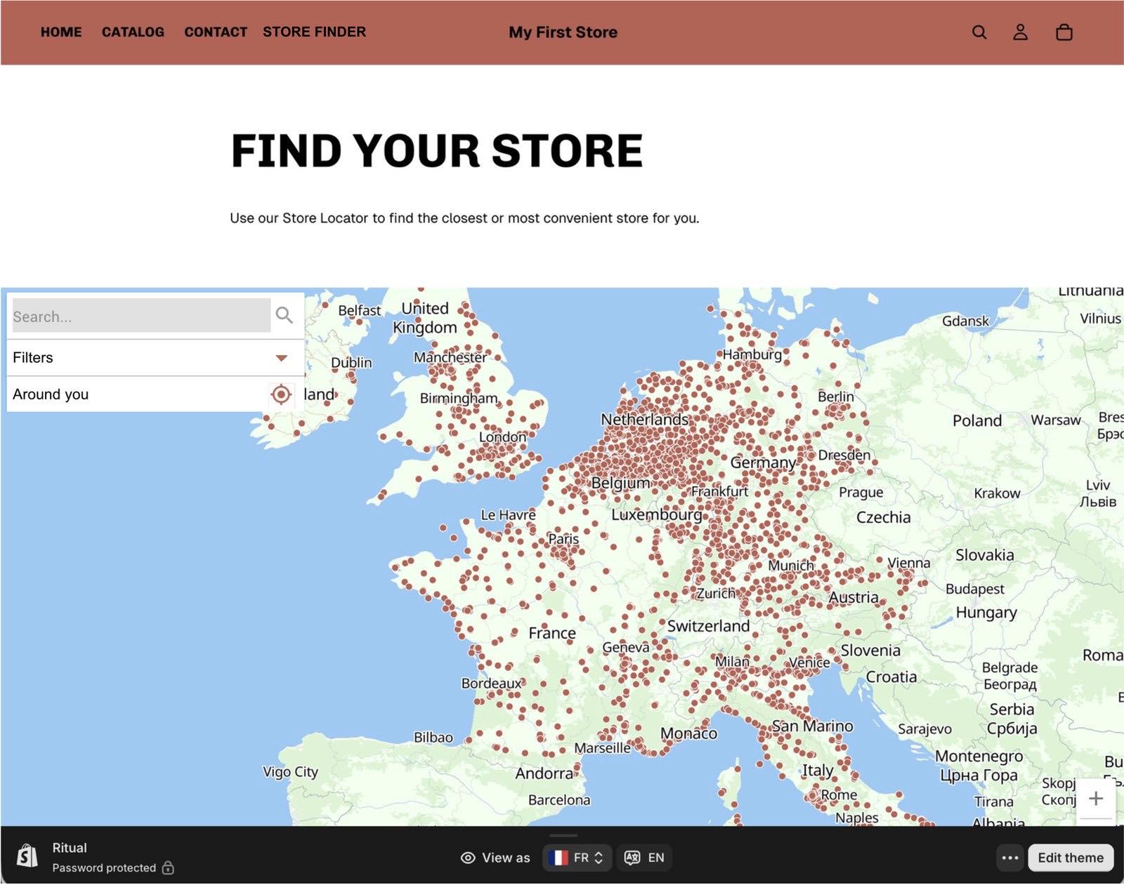 The Woosmap Store Locator running on a Shopify store