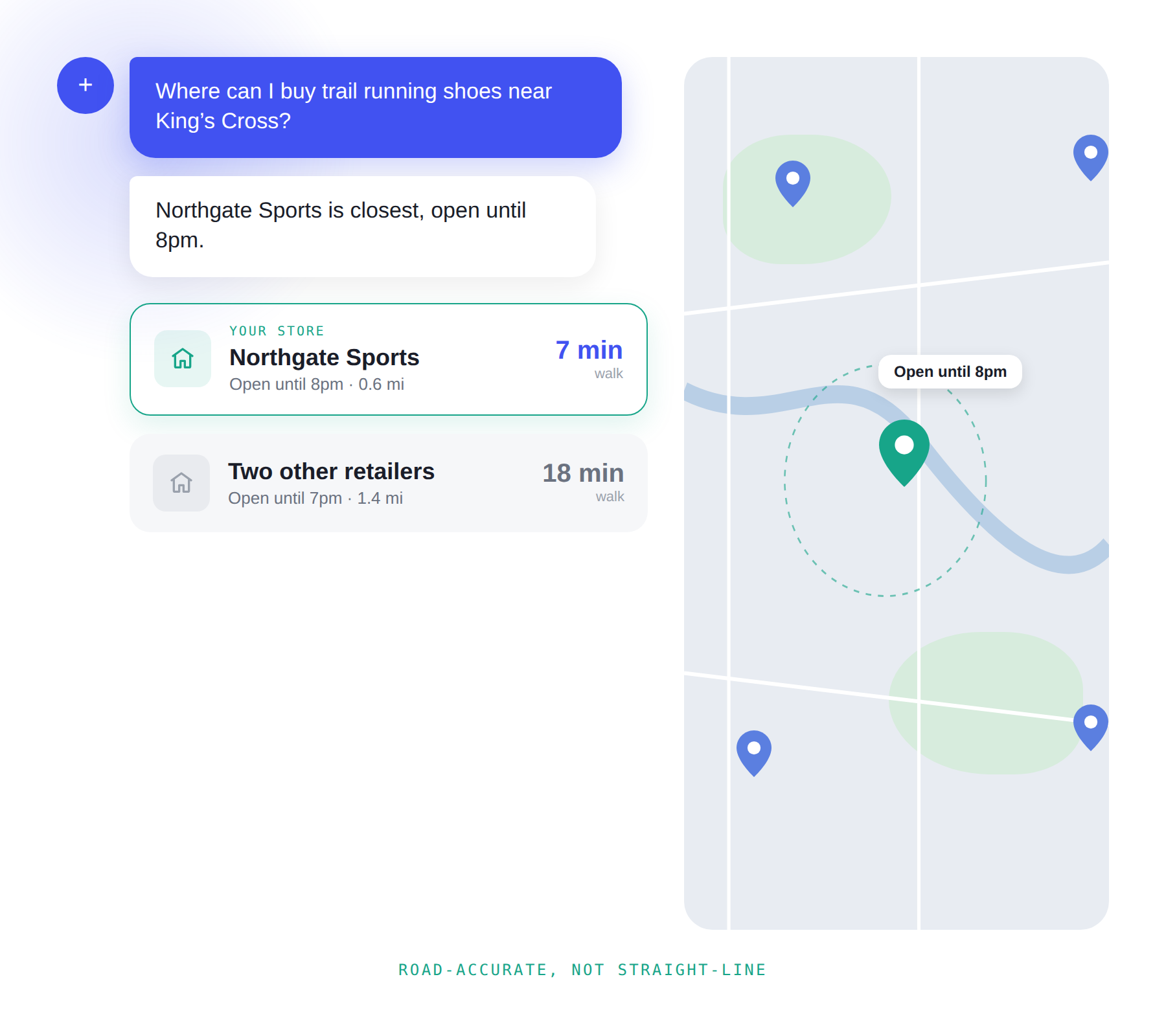 Acquisition: a store locator answering "where can I buy this" with the nearest store, its opening hours and a walking time measured on the road network rather than in a straight line.