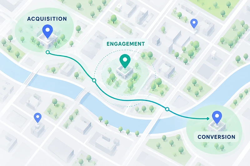Isometric city map with three pins, labelled acquisition, engagement and conversion, linked by a single route across the town.