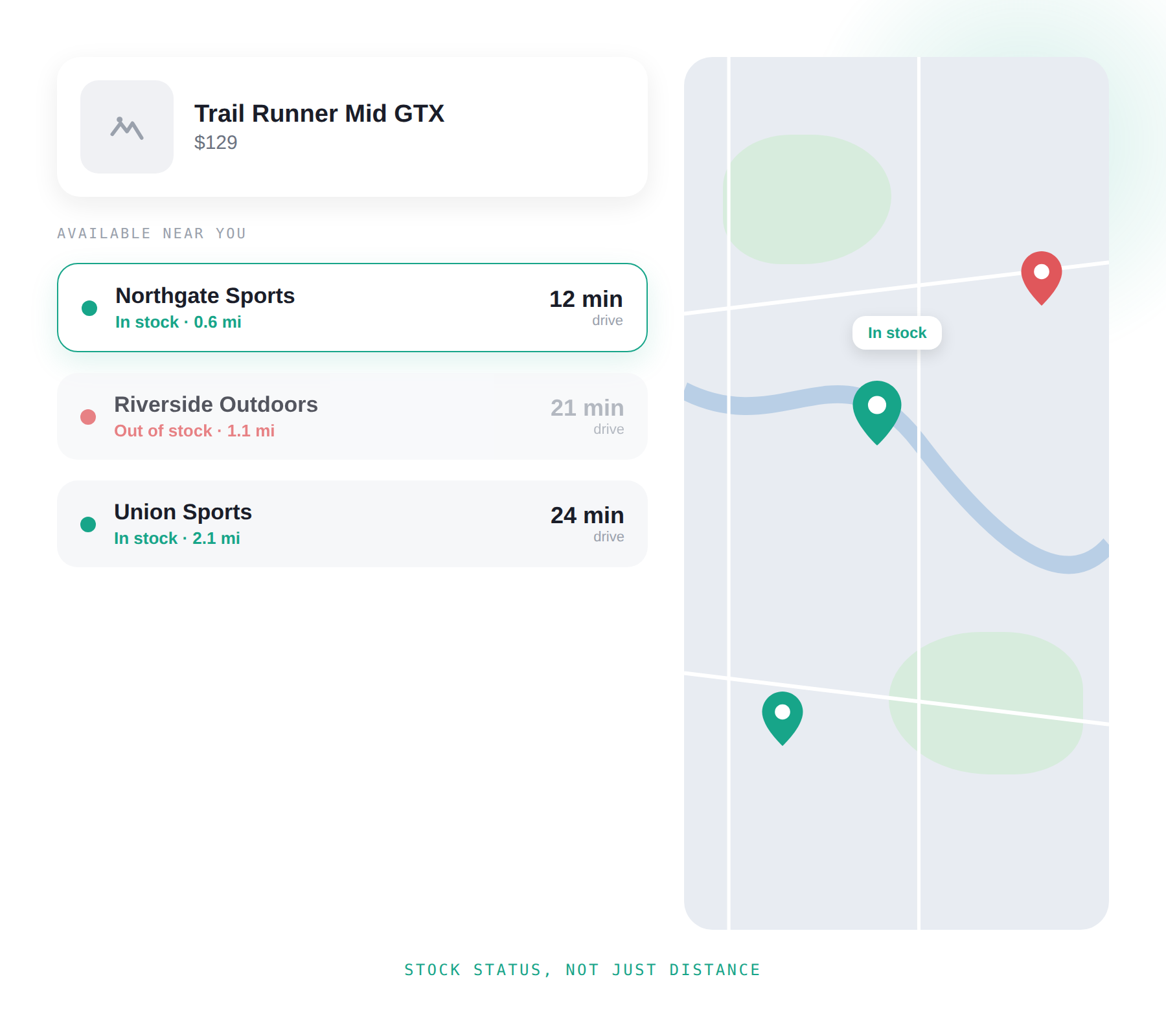Engagement: a product page listing nearby stores with colour-coded stock status, green for in stock and red for out, alongside the drive time to each one.