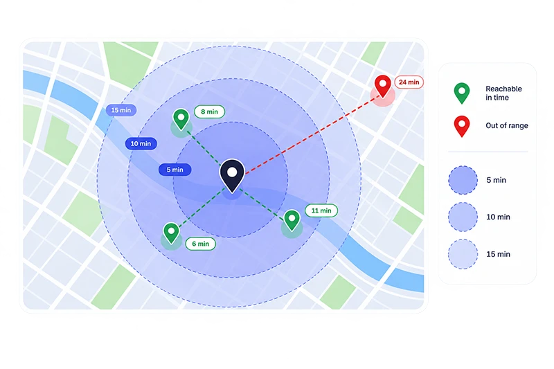 A service area calculated by travel time with the Woosmap Distance Matrix and Isochrone
