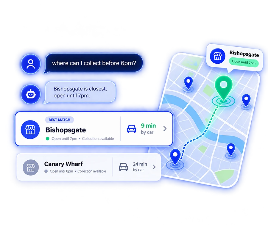 An AI agent answering a store finder question using the Woosmap Stores API