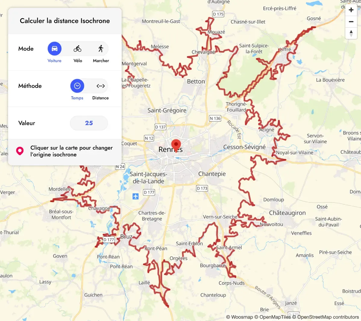 Capacités de calcul d’isochrones avec Woosmap Distance API