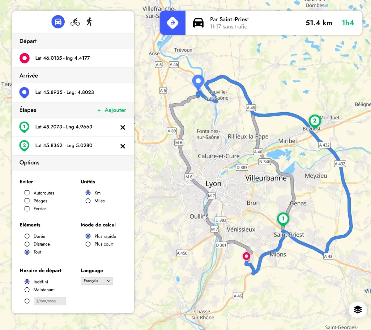 Capacités de calcul d’itinéraire entre une origine et une destination