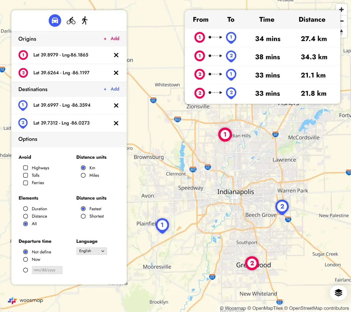 Distance Matrix API results with road distances and travel times between origins and destinations
