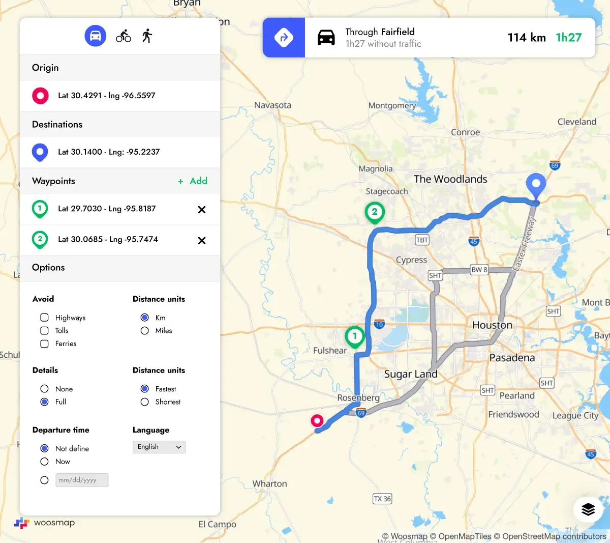 Route between an origin and a destination drawn on a map