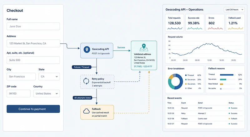 Woosmap Geocoding API Error Handling Guide - retry policies and patterns for operations teams