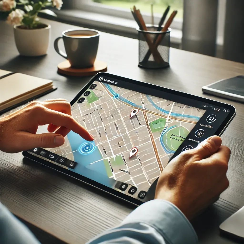 Personne utilisant une carte interactive sur une tablette