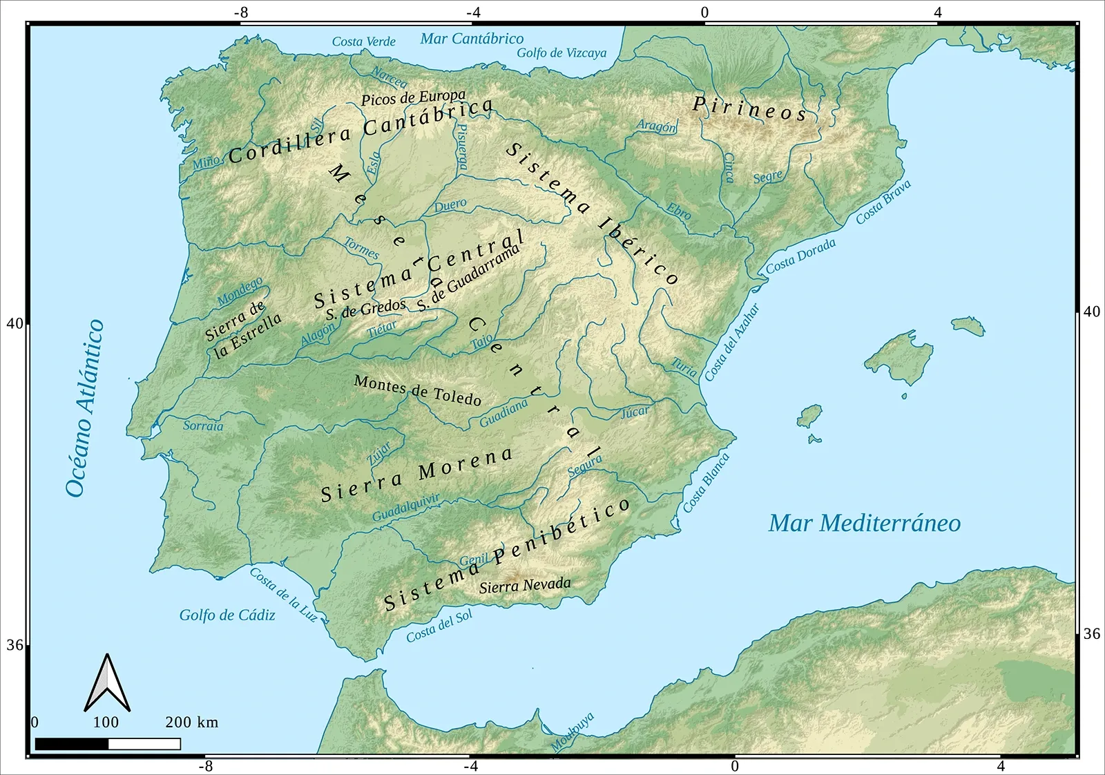Carte topographique de la péninsule ibérique