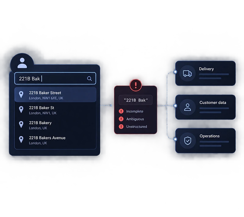 An address typed as 221B Bak is accepted unfinished, then flagged incomplete, ambiguous and unstructured as it reaches delivery, customer data and operations